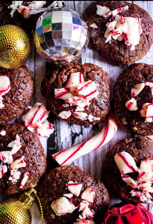 Peppermint Mocha Cookies arranged on a table with candy canes