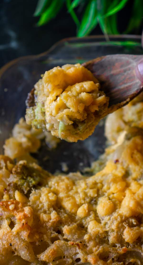 broccoli mac and cheese on a spatula