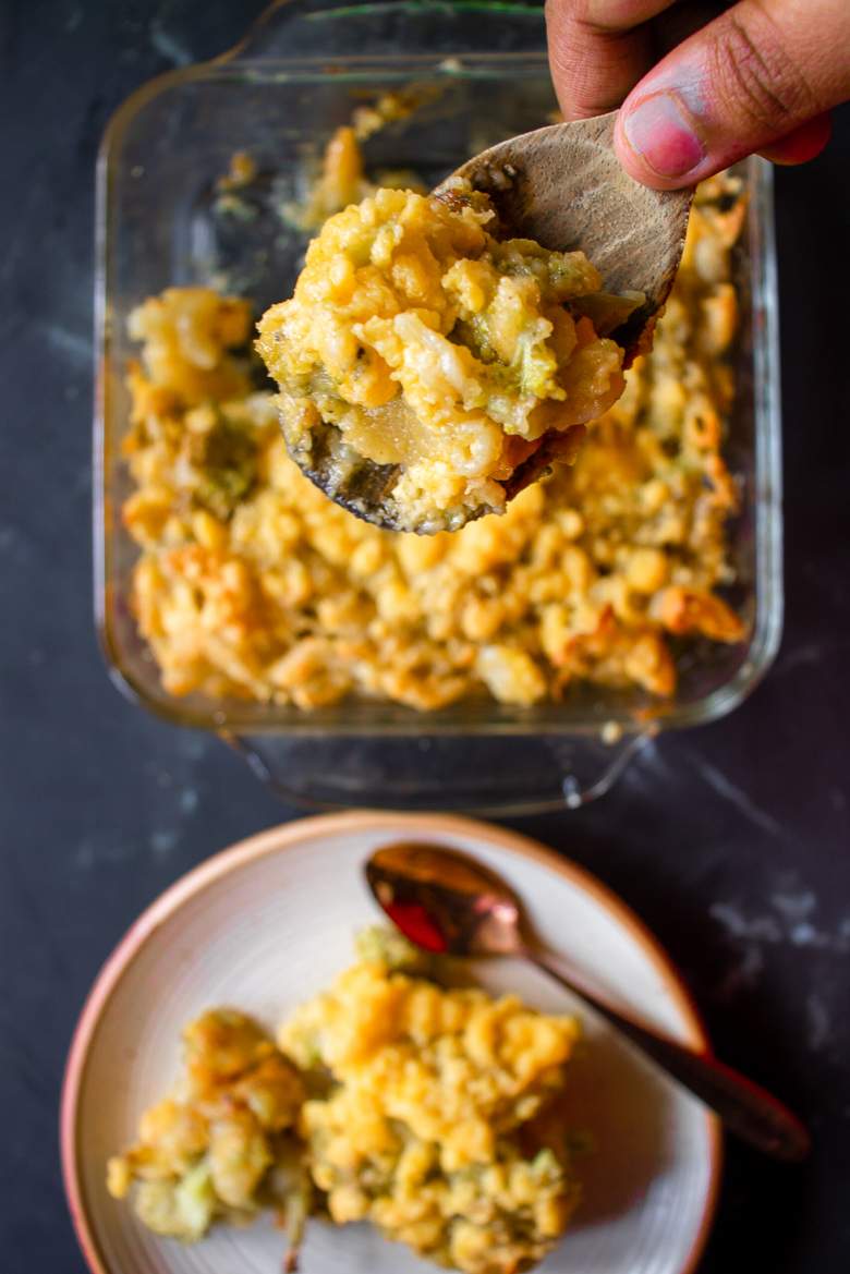 broccoli mac and cheese on a plate 