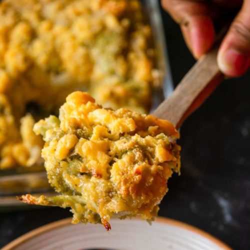 broccoli mac and cheese baked recipe serving on a plate