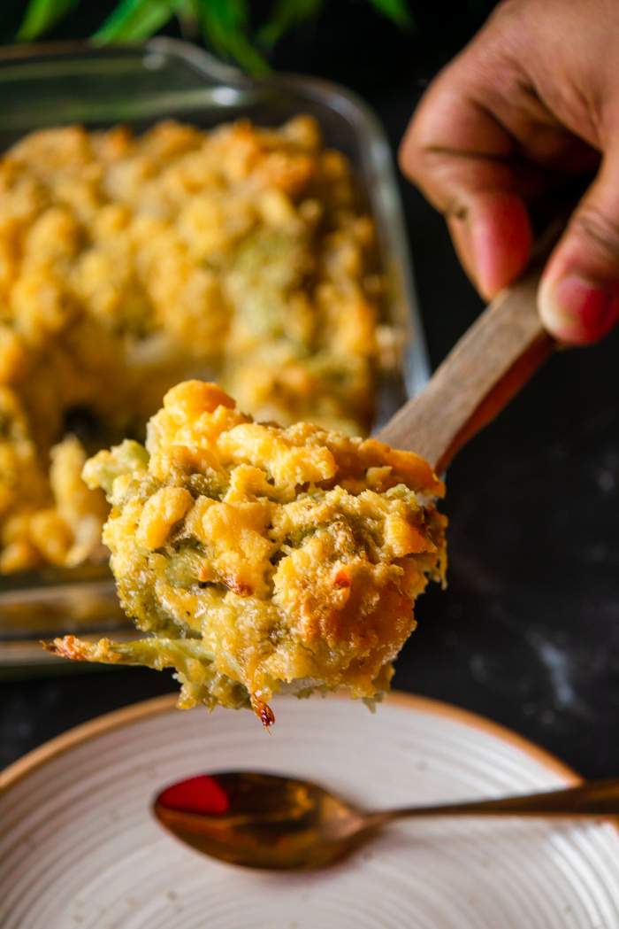 broccoli mac and cheese baked recipe serving on a plate